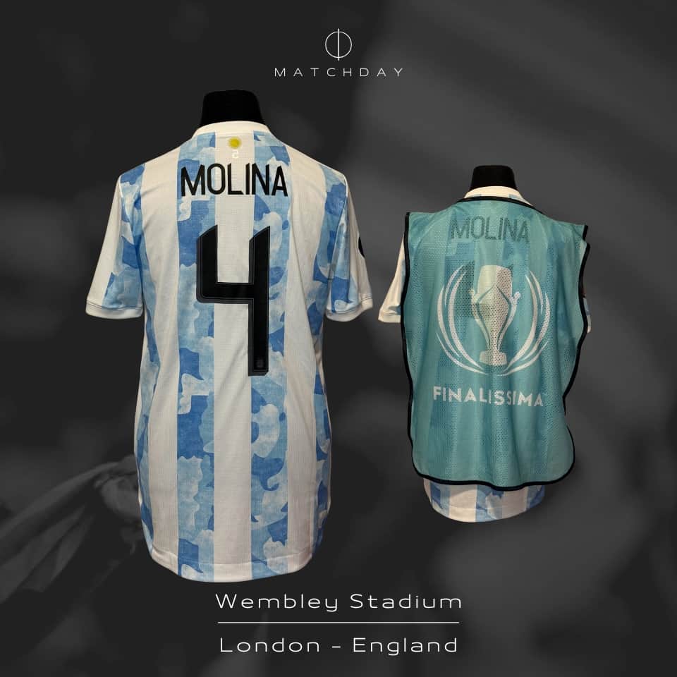 Nahuel Molina – Argentina – Finalissima 2022 – Match Issued jersey + Training bib (Pechera) - Imagen 5